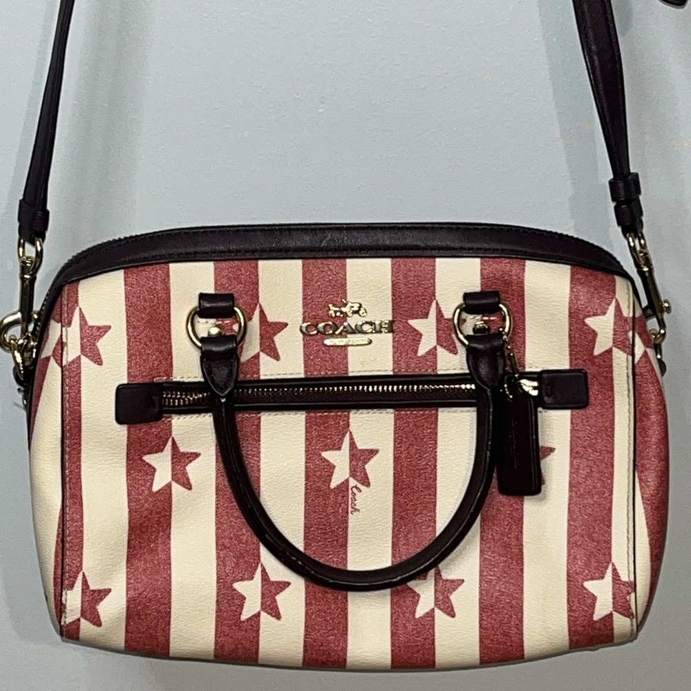 Coach Rowan Satchel Bag Red White Striped Star Crossbody Bag Adjustable Womens